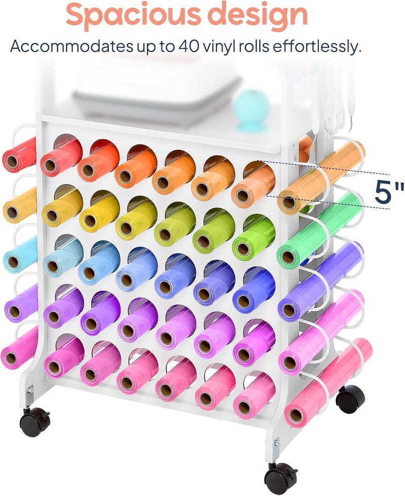 iVyne Vinyl Storage Cart 40 Vinyl Roll Holders for Cricut Organization and Storage Compatible with All Cricut Machines, Compact Craft Cart with Wheels & Tool Holders for Craft Rooms - White - Image 3